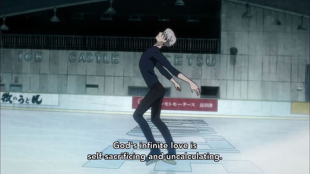 From Yuri on Ice episode 3, Victor demonstrates the choreography for On Love: Agape. The subtitles read, "God's infinite love is self-sacrificing and uncalculating."