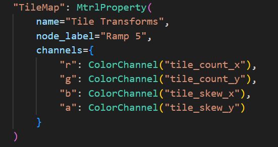 Code that shows a setup to put specific data into specific color channels, like putting "tile_count_y" into the green channel