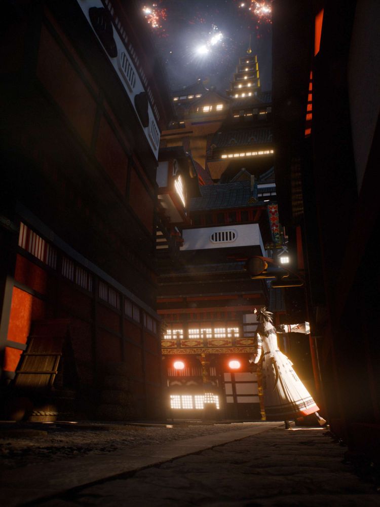 A 3D render of an alley in Kugane. An Au Ra is leaning out from a bookstore on the right, looking up at the sky where fireworks are exploding. Light is coming from the roads around her, but this alley is only lit by the light of the still open bookstore.