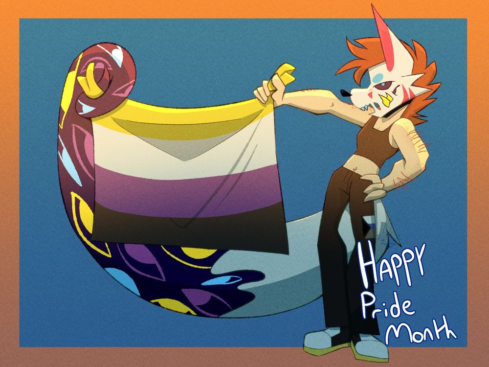 Pride flags visible :
- Nonbinary (big flag)
- Demi-Aroace (patch on pants)