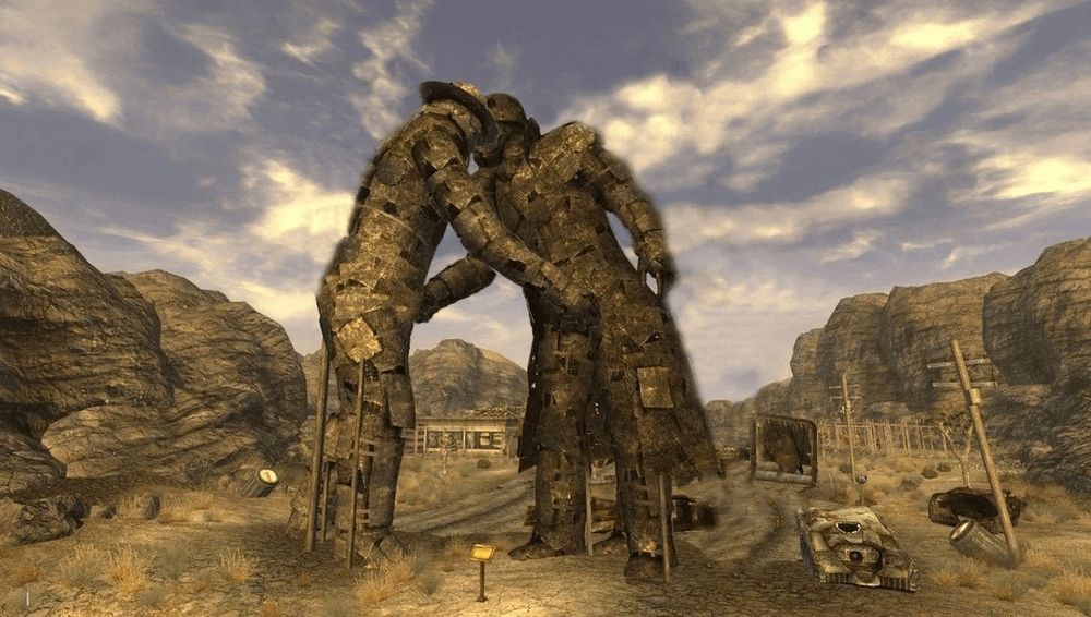 The statue of a ranger and NCR soldier shaking hands from fallout new Vegas except they are kissing and grabbing each other's cocks.
