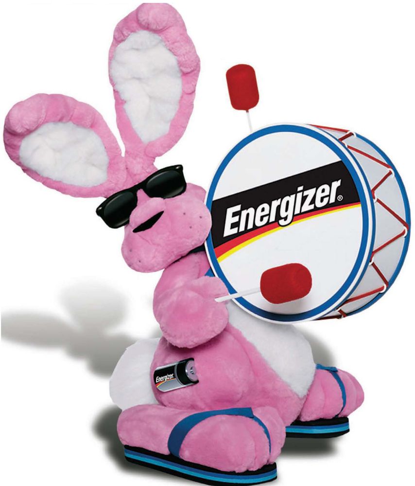 Pink bunny playing a bass drum with Energizer on it