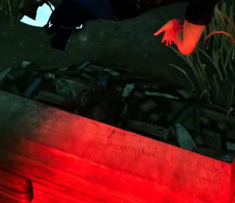 a zoomed in screenshot of when i vaulted the window out of shack. there is an armed bear trap i somehow did not set off