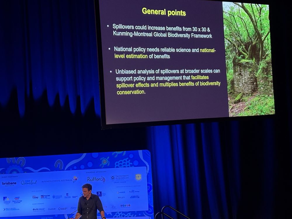 Summary slide presented by Prof Graeme Cumming (UWA) seen on bottom left in the very last presentation in Great Hall at International congress for conservation biology, Meanjin /  Brisbane 
