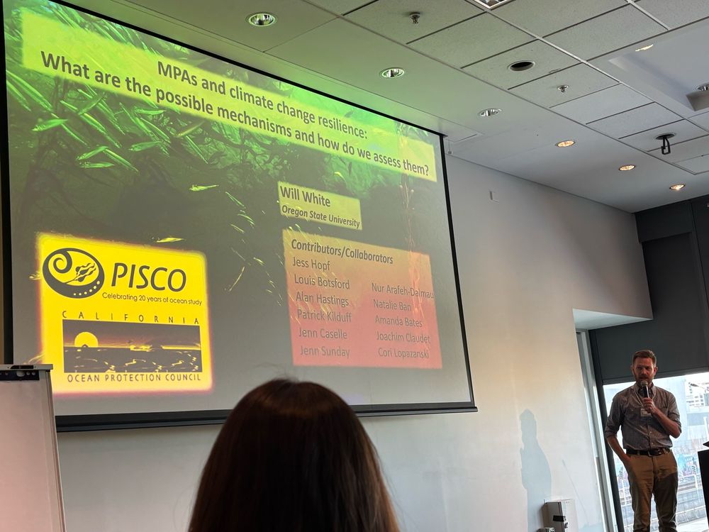 Picture shows opening title slide and credits for Prof Will White’s talk with author standing by podium on bottom right with microphone speaking to a very engaged international audience of folks from all career stages. Venue for International Congress of Conservation Biology is Convention Centre in Meanjin / Brisbane 