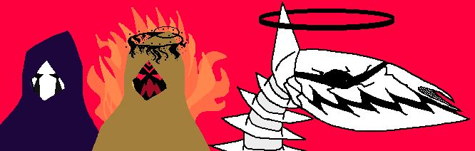 Three different forms of a lunatic cultist from space. Two forms wear a mask and robe. The second form has two black bleeding halos, and is surrounded by fire. The third form is a very large spiky demonic skeleton-like monster with a black halo. It is constantly on fire, the fire is not pictured here.