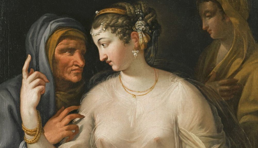 détail d'une peinture : une vieille femme fixant une jeune femme