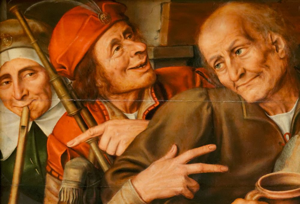 détail d'une peinture: trois personnages dont un homme au centre pointant une femme à l'autre tout en faisant le geste de lever l'index et le majeur