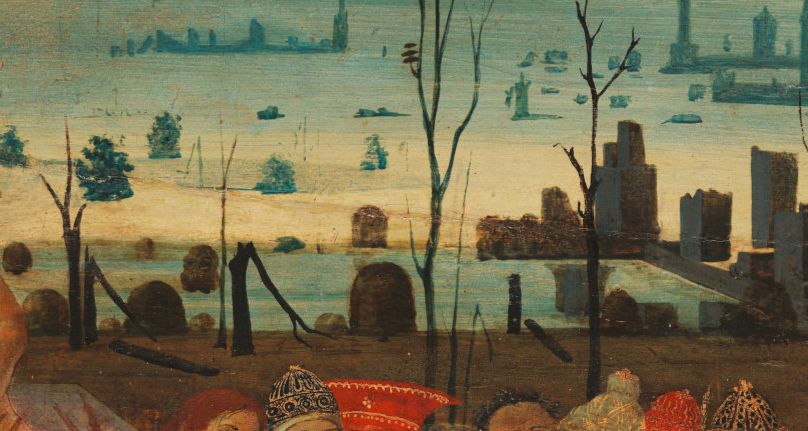 détail d'une peinture de Sellaio des arbres coupés dans un paysage