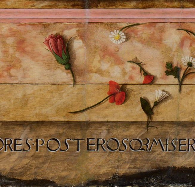 détail d'un peinture: des fleurs dont un coquelicot sur une pierre