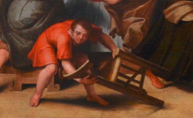 détail d'une peinture: un enfant relevant une chaise à trois pieds