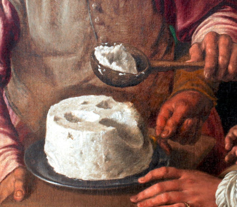 détail d'une peinture: un morceau de ricotta qui évoque un crâne