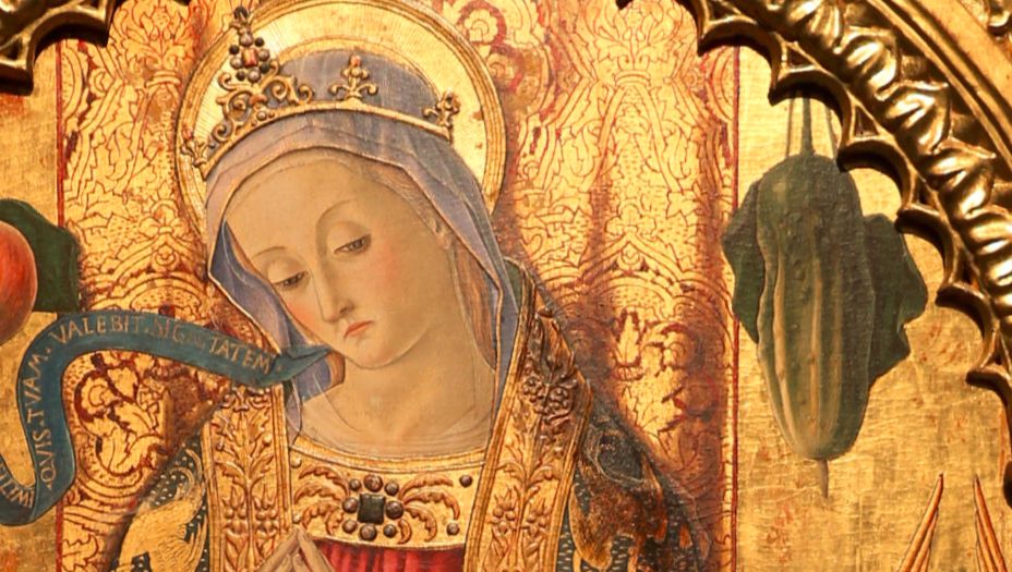 détail d'une peinture: une madone devant un concombre