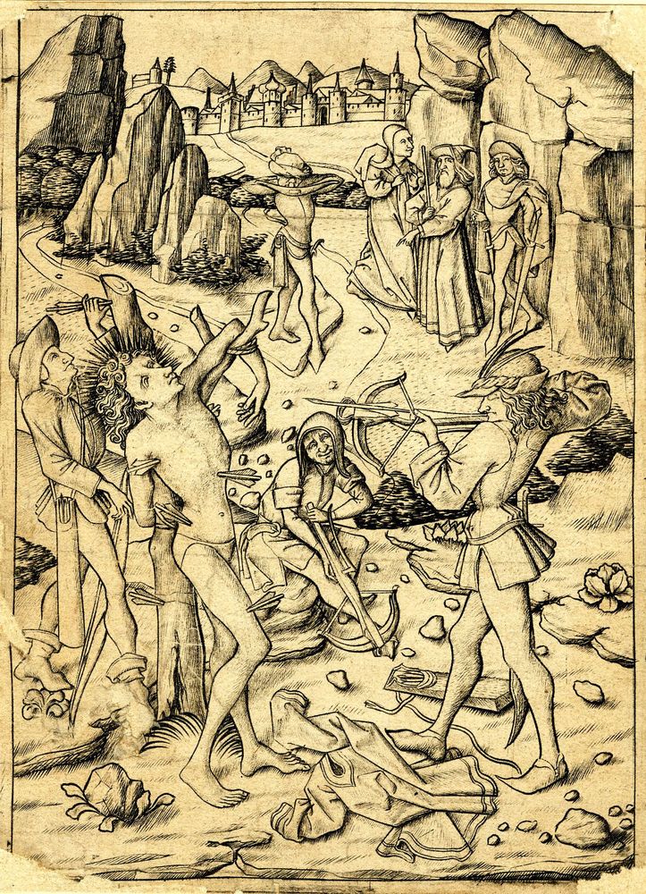 gravure de Sébastien par le Maître ES avec un arbalétrier visant de face