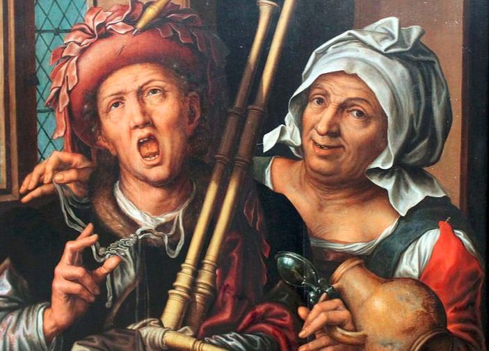 détail d'une peinture: deux personnages dont l'un dérobe la bourse de l'autre qui lève l'index et le majeur