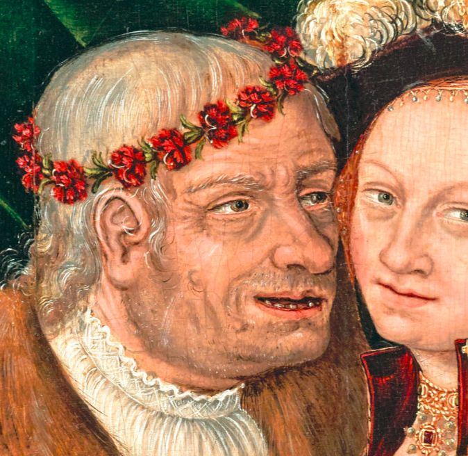 détail d'une peinture: un vieux couronné d'oeilets