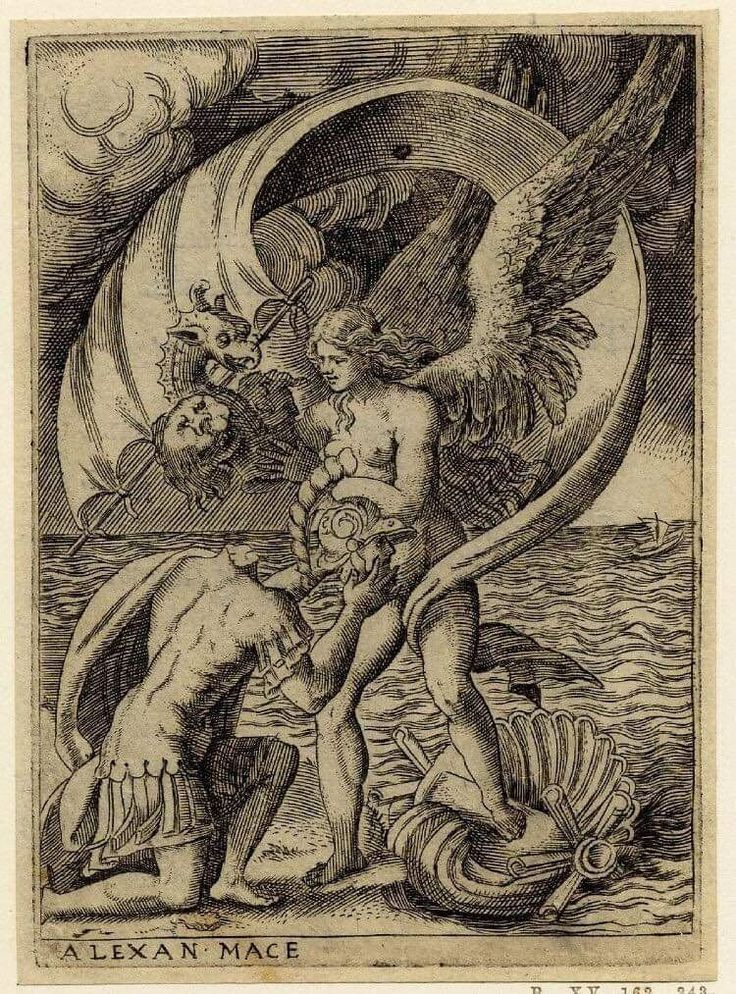 gravure représentant une femme ailée sur une coquille à hélices qui échange les têtes d'un soldat