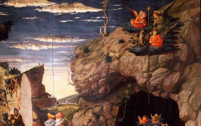 détail d'une peinture: une tige sortant d'une grotte portant des étoile et une nuée d'anges