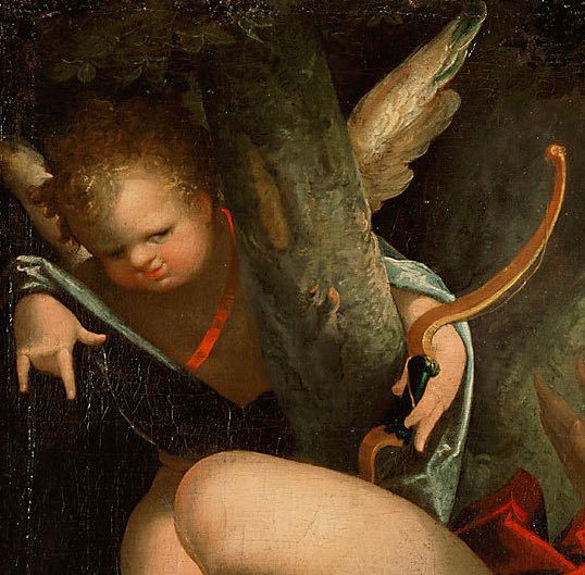 détail d'une peinture: un angelot faisant le geste des cornes