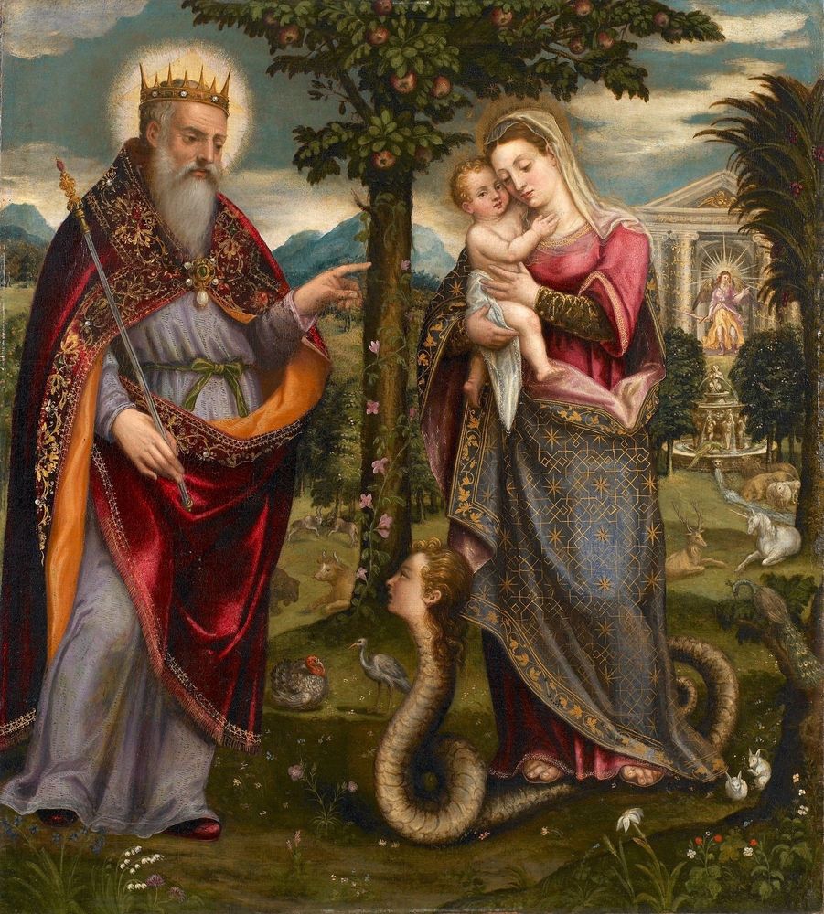 peinture du jardin d'Eden avec la vierge ecrsant un serpent à tête humaine