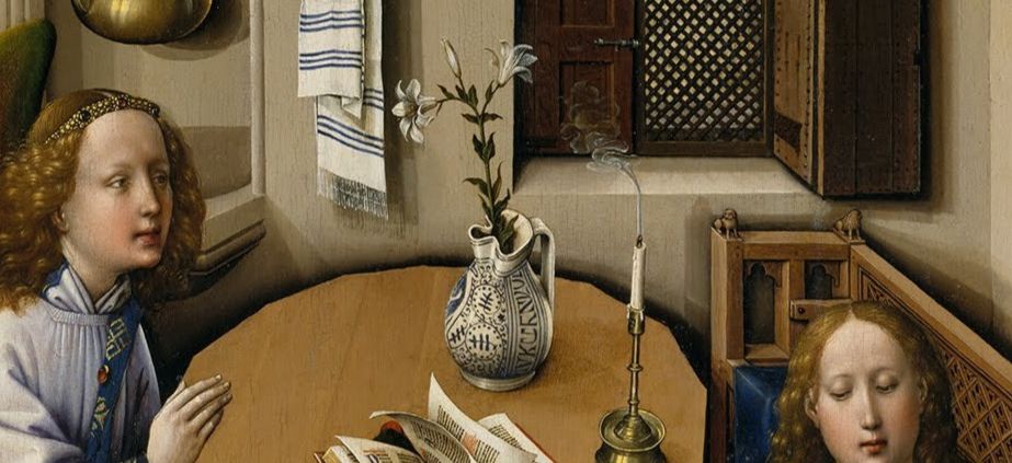 détail d'une peinture: un lys dans un pot sur une table