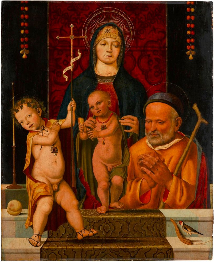 madone à l'enfant avec jésus, une gerbe de millet et un chardonneret