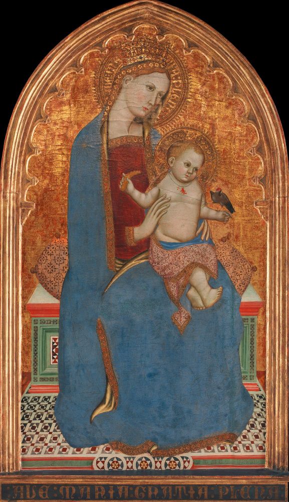 madone à l'enfant avec jésus tenant une gerbe de millet et un chardonneret
