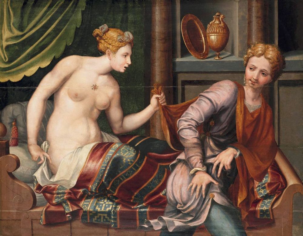 peinture de la femme de Potiphar, nue dans son lit, attrapant Joseph