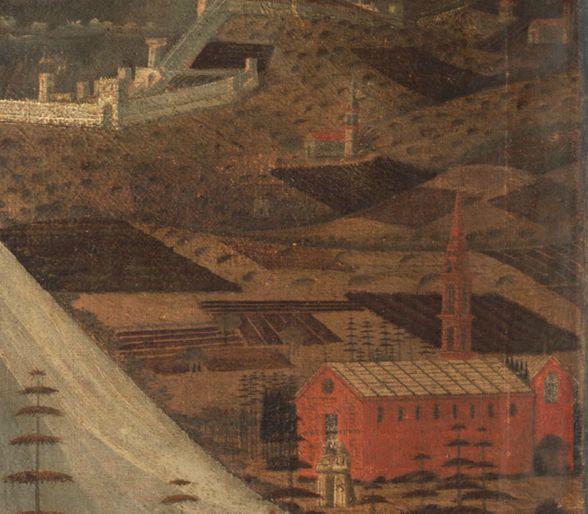 détail d'une peinture: des champs géométrique dans un paysage