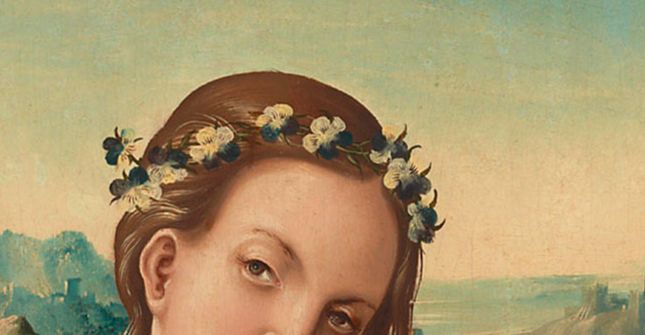 détail d'une peinture: une madone couronnée de pensées sauvages
