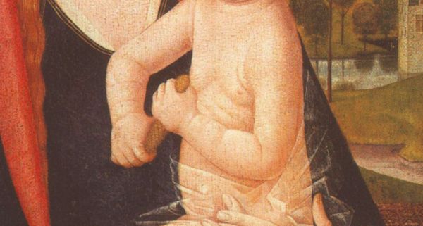 détail d'une peinture: un bébé tenant une gerbe de millet