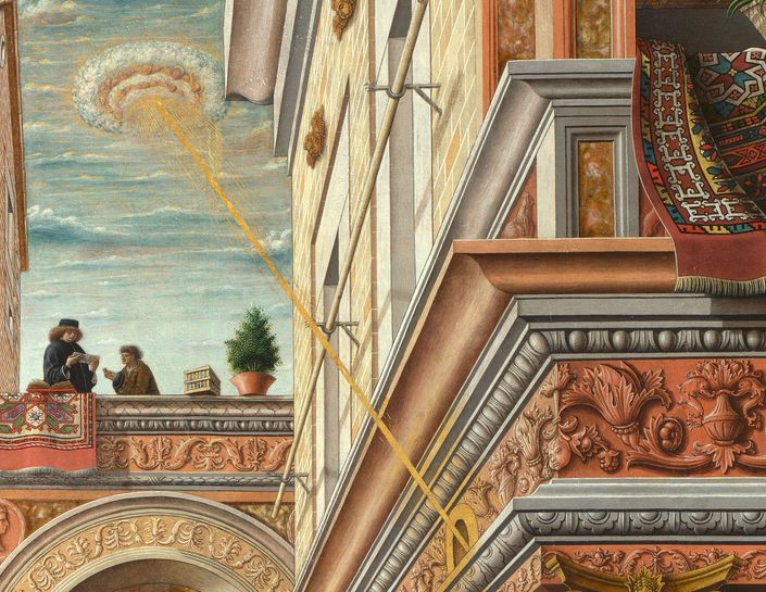 détail d'une peinture: un objet céleste envoyant un rayon vers une maison