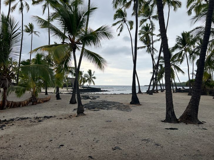 A view of the Royal Grounds at Pu'uhonua o Hōnaunau National Historical Park on the Southwestern coast of the Big Island of Hawai'i.