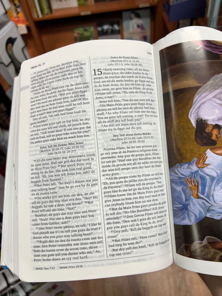 A random page from the middle of a Hawaiian Pidgin English translation of the Bible.