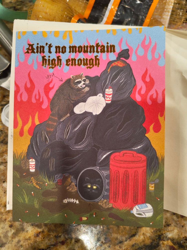 A greeting cards with a picture of a trash pile with one raccoons yellow eyes reflecting from inside an overturned trashcan, and another climbing a pile of trash bags in quest for a slice of pizza at the very top. There are flames in the background and the top says "Ain't no mountain high enough'. My friend has inscribed "you" with an arrow pointing to the aspiring raccoon and "me" with an arrow pointing to the one lurking in the trashcan