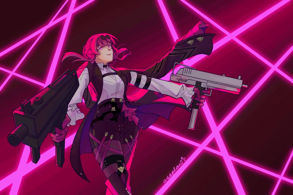 A brightly colored illustration of Kafka. The viewer is looking up at her from a slight angle. She is backlit by magenta lasers and has both her guns drawn, jacket arms swinging behind her.