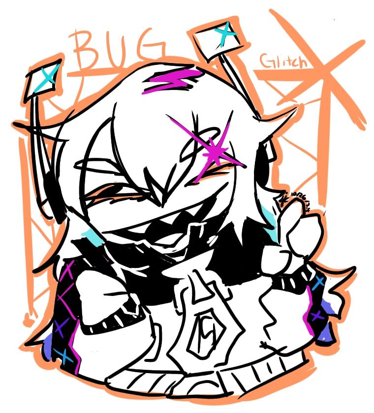 Dsketched out drawing of a grinning Bug(the new glitchX mascot) winking with drawing pen on held on her right hand. Mainly in black in white outline with some cyan, pink, violet accents on her outfit and accesories. The name 'BUG' is on her top right in the same orange as the patterned background outlining Bug