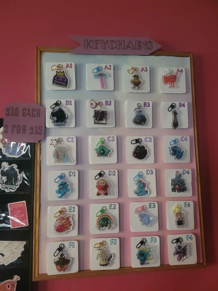 A board of our Pokémon themed keychains, all with art I have drawn of them