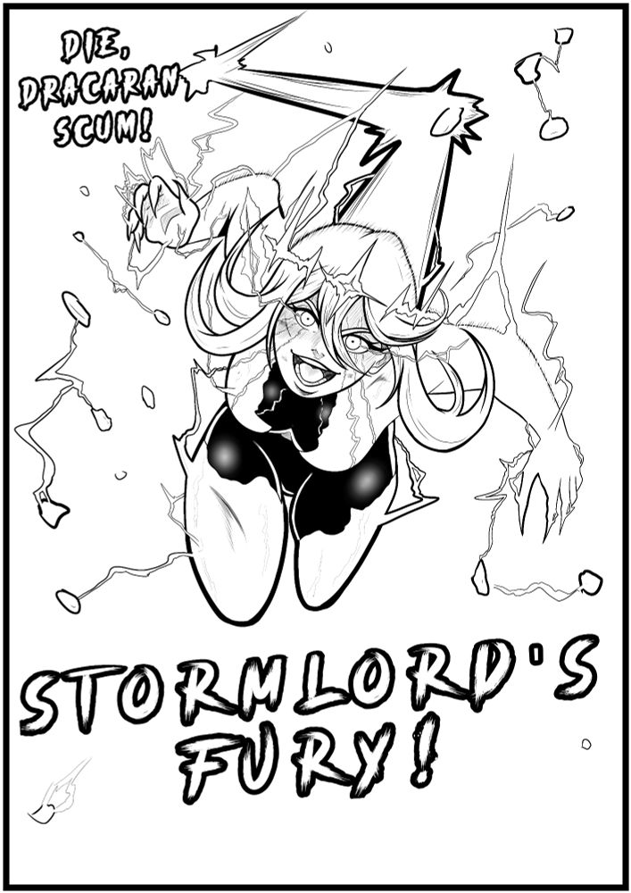 Runa using her lighning dash to activate one of her strongest attacks. She's shouting "Die, Dracaran scum! STORMLORD'S FURY!"