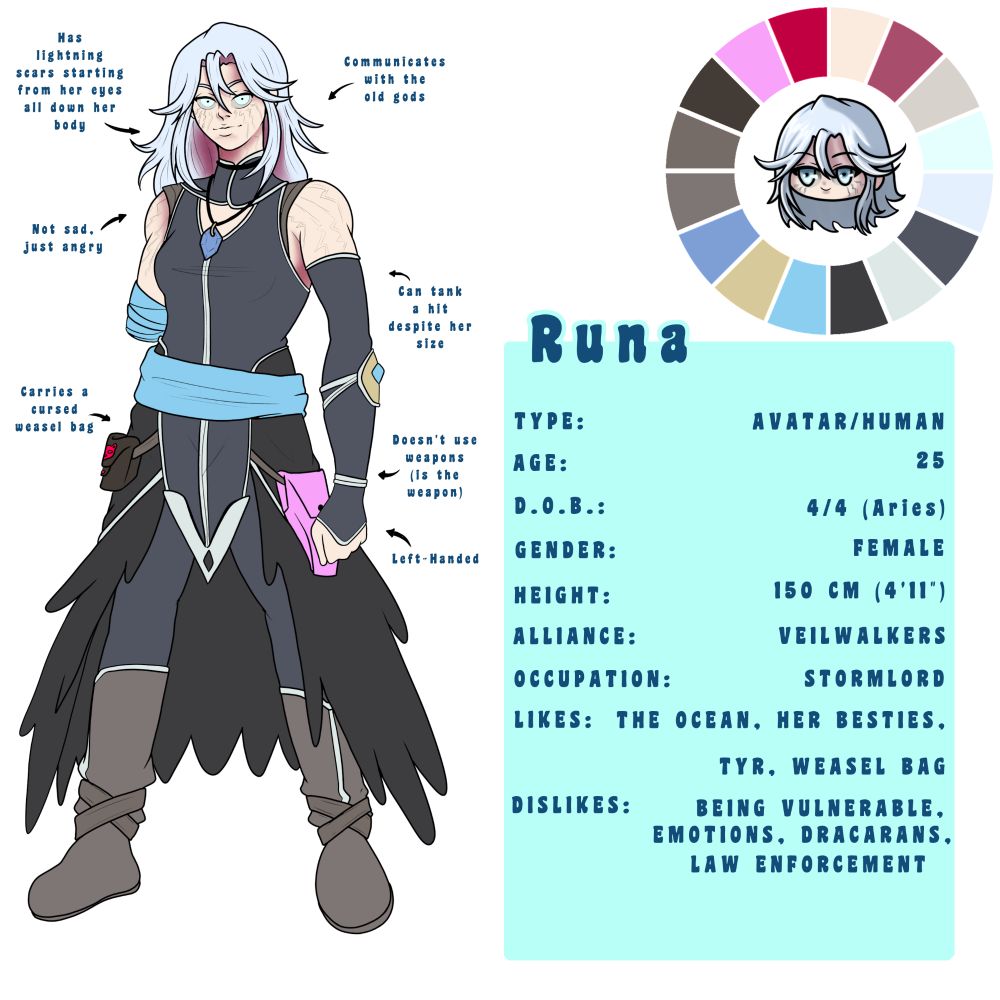 A new reference sheet for Runa Falkenberg. She sports her new Whippoorwill clothing alongside a cursed weasel bag. She also now has lightning scars all over her body, and has lost her right arm. More information is on the right side as well as her color scheme and a chibi head that acts as her icon