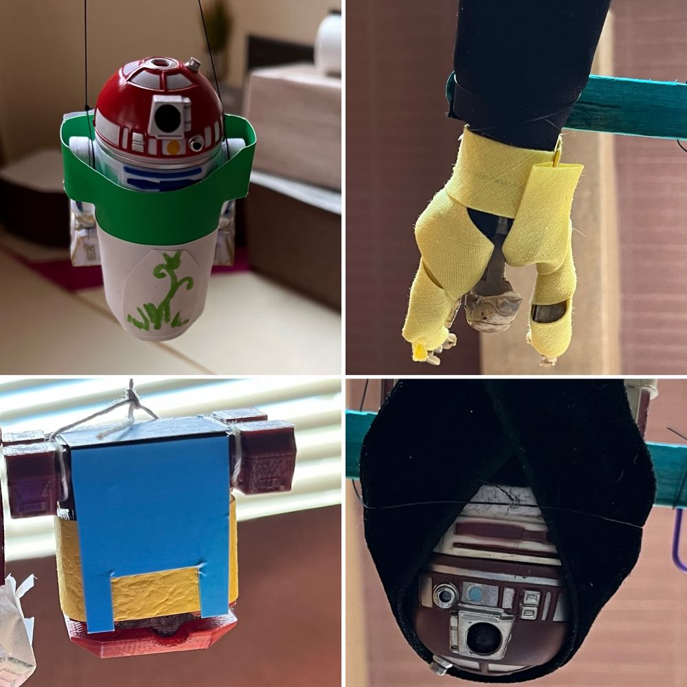 R3-T2 as Buffy on wires on the library set for her jump down from the ducts. 
Bee as Willow, R4-P17 as Cordelia and Lotus as Jenny hanging upside down in the factory. 