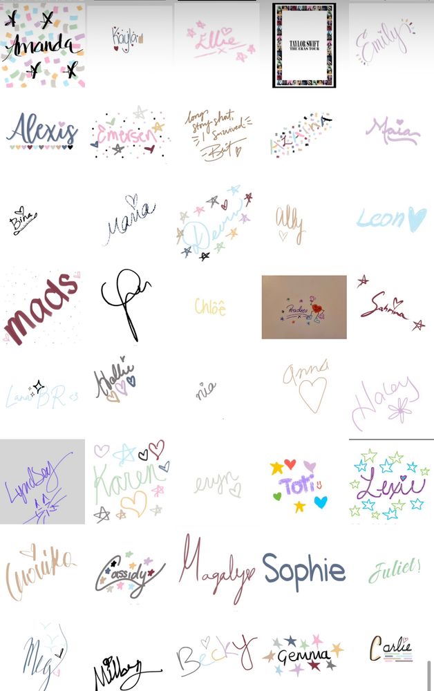 Signatures of Swifties with stars, hearts, and colorful doodles on a grid 