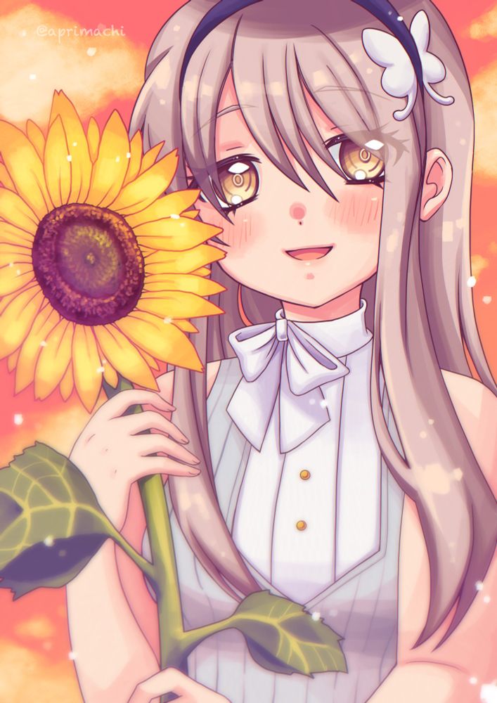 Yukina Minato from Bandori / Bang Dream in her early casual summer outfit holding a sunflower. I wanted to symbolize my feelings of appreciation for seiyuu Aiba Aina with the flower. The colours and expression were chosen with my warm feelings for my favourite Roselia song Hidamari Rhodonite / Sunkissed Rhodonite in mind.