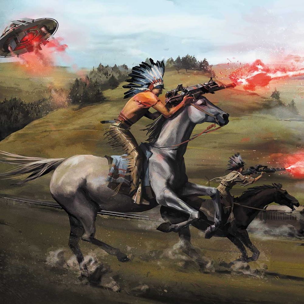 Two mounted figures on horses armed with futuristic rifles, firing red energy bolts. A UFO hovers in the distance emitting red light. The scene suggests a mix of historical and futuristic elements in a hilly landscape.