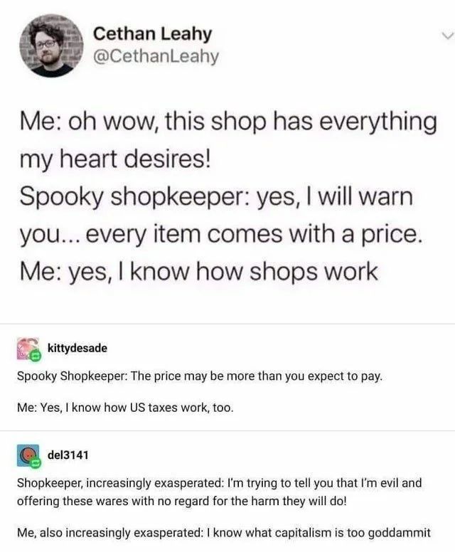 A humorous meme about a spooky shopkeeper's warnings being misunderstood.