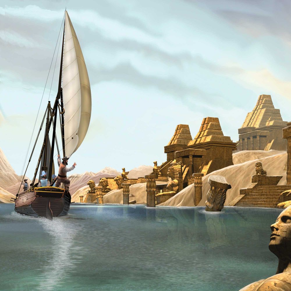 A boat goes up a desert river, where the ruins of an ancient civilization lays.