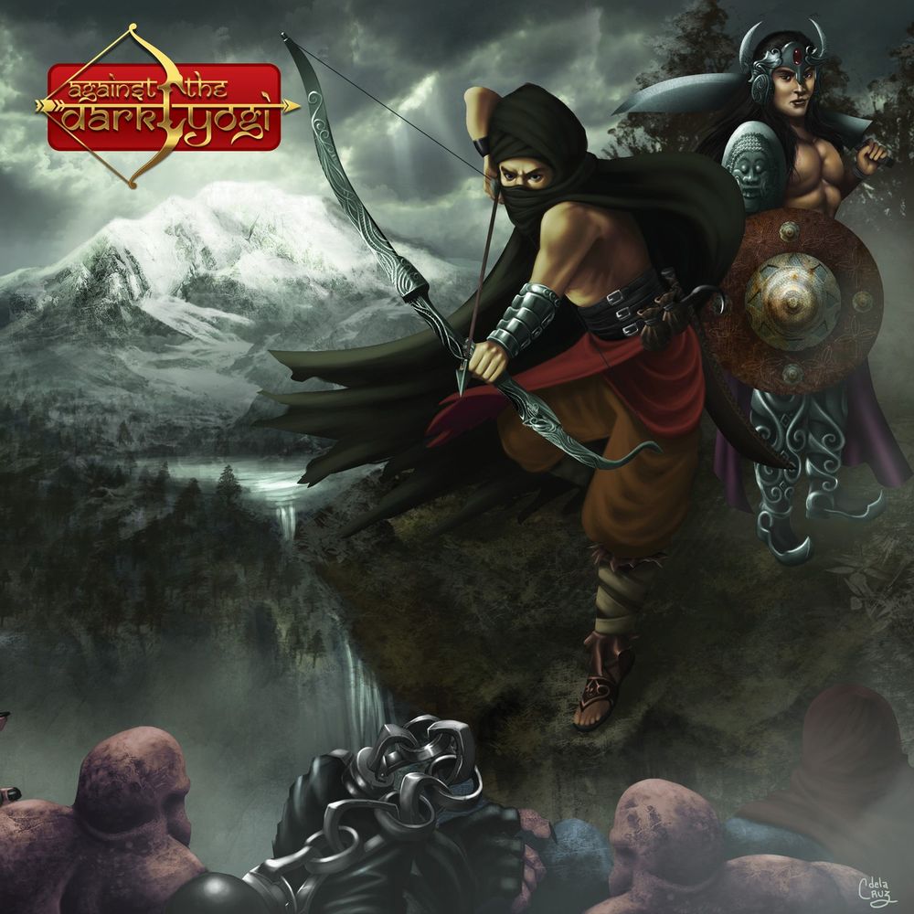 An action-packed scene from the Against the Dark Yogi RPG, featuring a stealthy archer ready to strike and a warrior wielding a shield and blade. The duo stands on a dramatic cliffside overlooking a misty waterfall, while shadowy foes lurk below, capturing the mythic-fantasy tone of the game.
