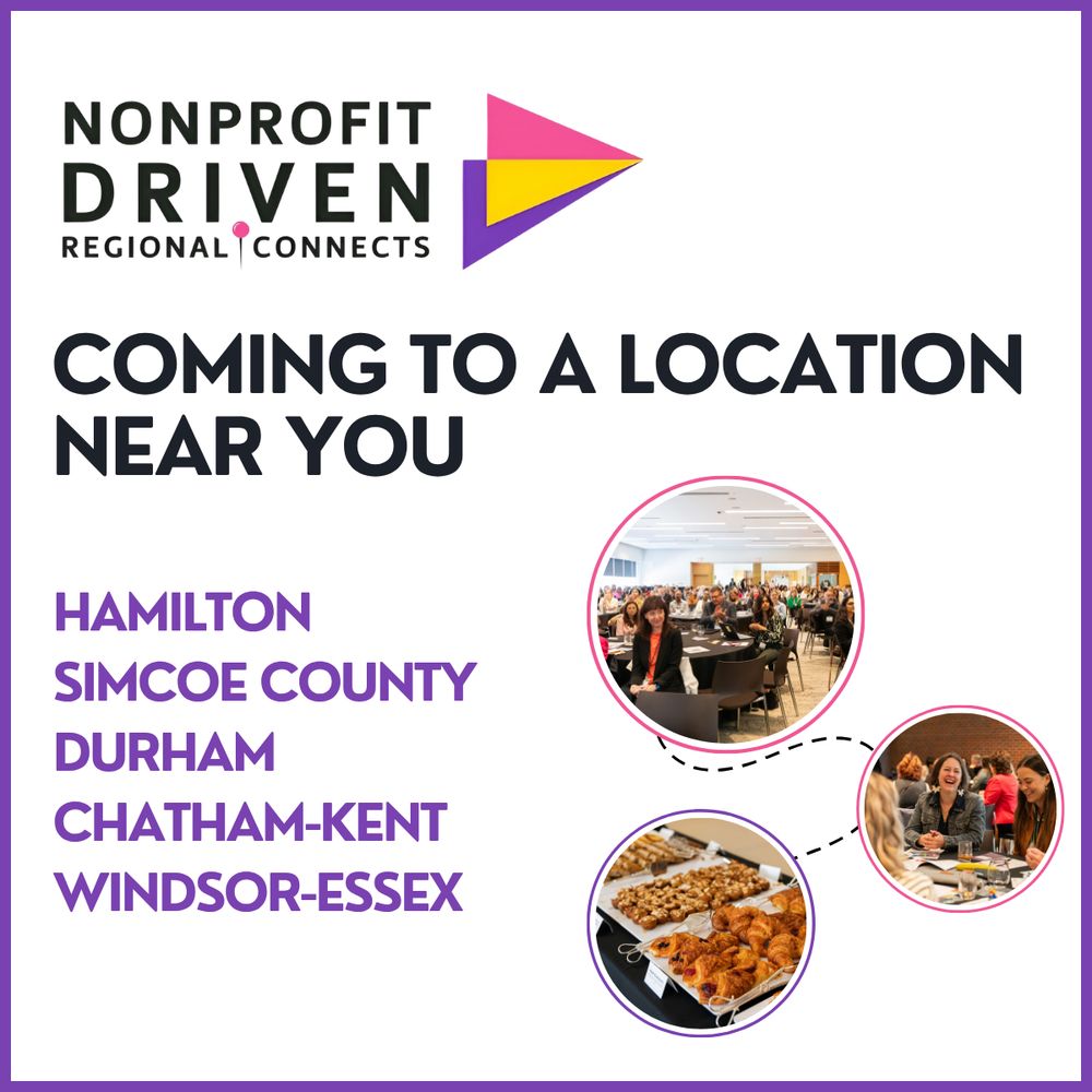 A promotional graphic for "Nonprofit Driven Regional Connects" with the message "Coming to a location near you." Listed locations include Hamilton, Simcoe County, Durham, Chatham-Kent, and Windsor-Essex. The image includes three small circular photos: one of a large conference room filled with people, another of smiling individuals at a table, and a third showing a spread of pastries and food. The design uses purple, black, and white colors with a triangle logo.