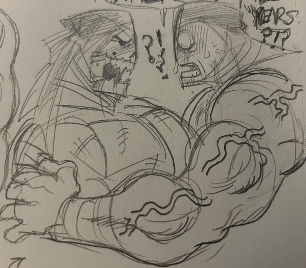 This is a redraw of the first scene featuring Molotov Cocktease and Brock Samson together, but with Hank J. Wimbleton and Sanford instead. 

I’m the image, their interaction goes terribly wrong, with Sanford gripping Hank's arms, crying, and sobbing in a panic while yelling at him.