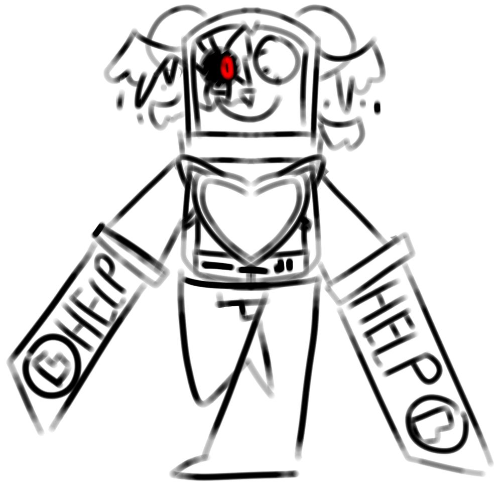 A mostly black and white sketch of Evil Max from Max Design Pro / the FNF mod Twiddlefinger with the only thing colored different is a singular red ring shapes eye, instead of hands he has the help button with sharpen ends like a weapon his chest has a heart shaped screen attached to his body and two small pairs of melting wings in the sides of his head